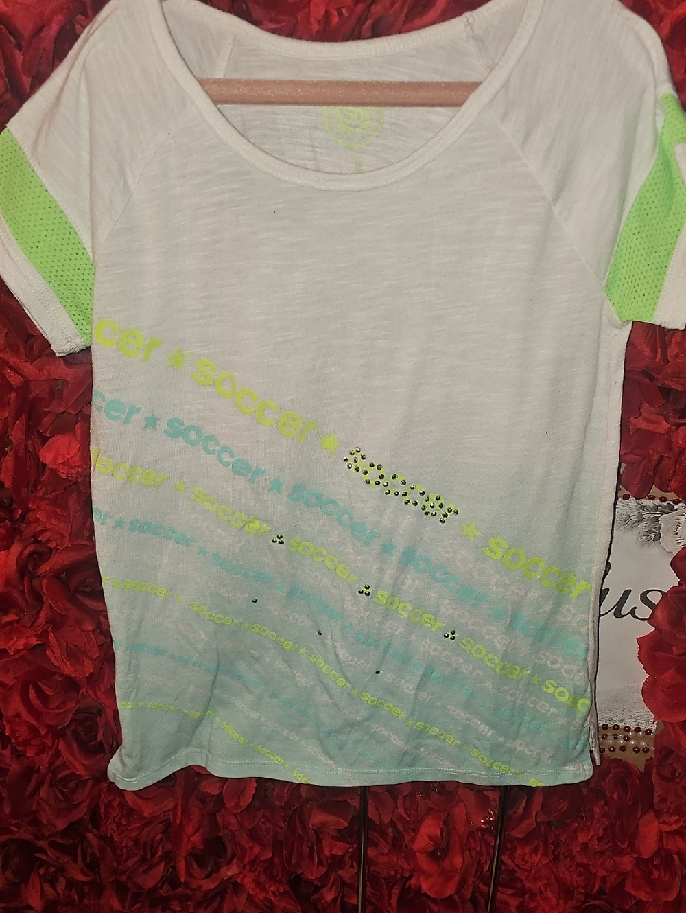 SO Girls White and Neon Green Soccer Graphic Tee Size 10